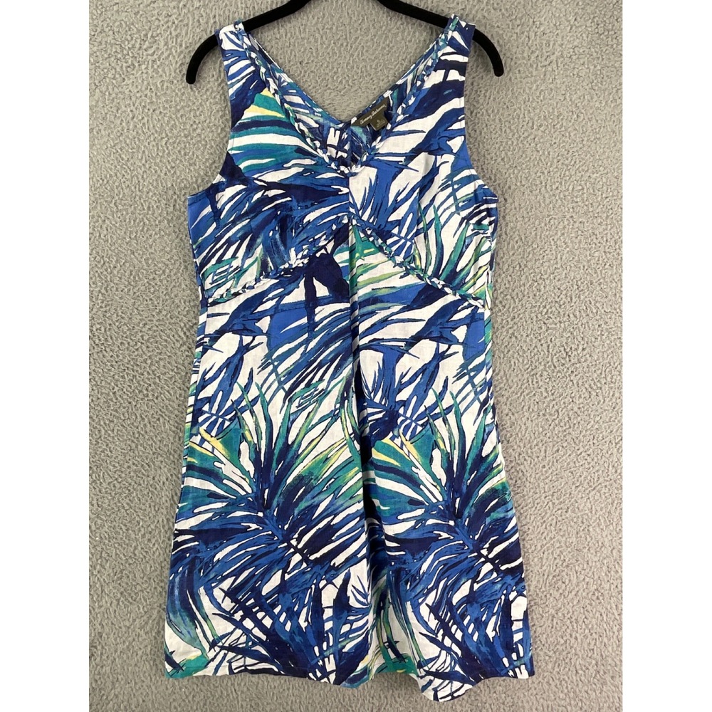 Tommy Bahama Shift Dress Womens 6 Blue Tropical Palm Linen V-Neck Sleeveless